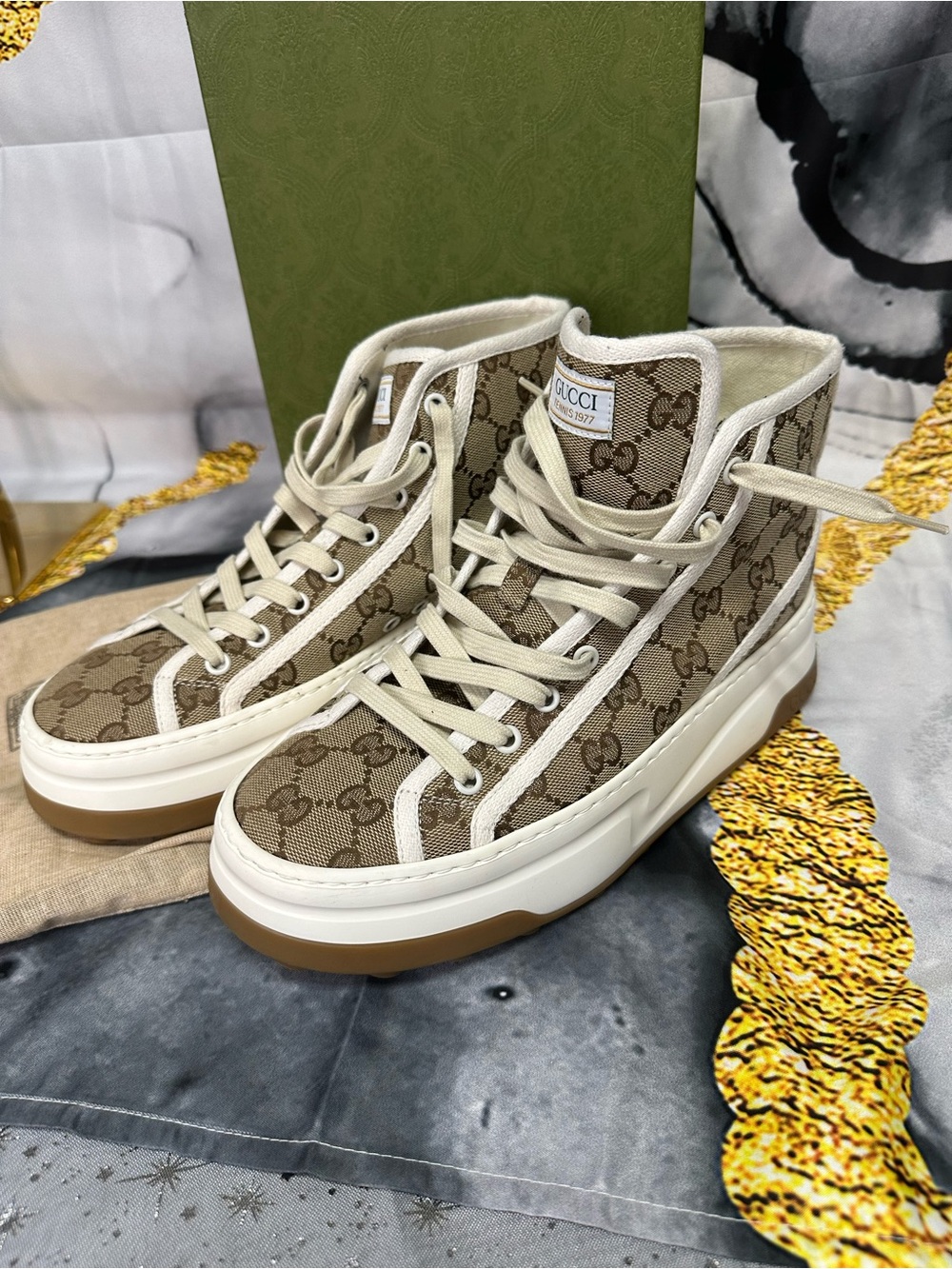 Gucci High-Top GG Canvas Sneakers in Beige/White Size 39